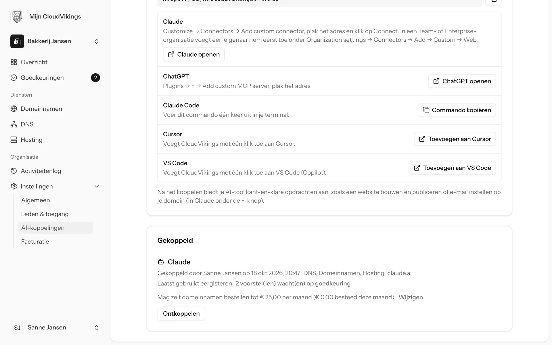 Mijn CloudVikings, AI-koppelingen: Claude is gekoppeld aan Bakkerij Jansen