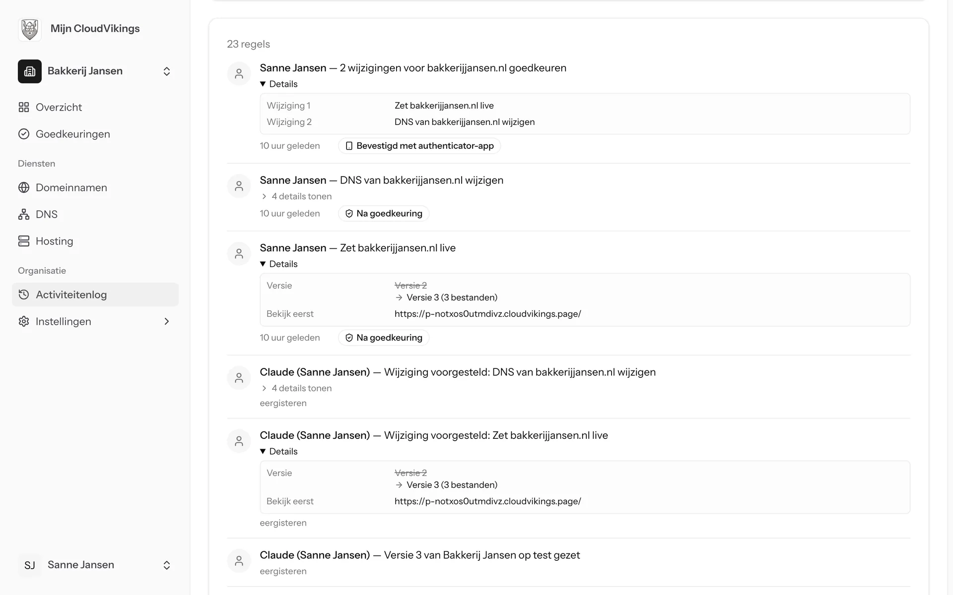 Mijn CloudVikings, activiteitenlog: Sanne keurde de twee wijzigingen goed