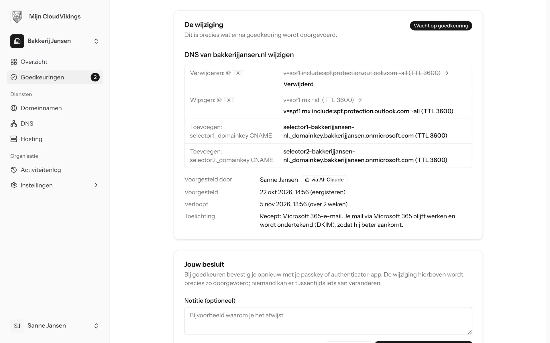 Mijn CloudVikings, voorstel: het tweede SPF-record wordt verwijderd, het eerste krijgt Microsoft 365 erbij, DKIM komt erbij