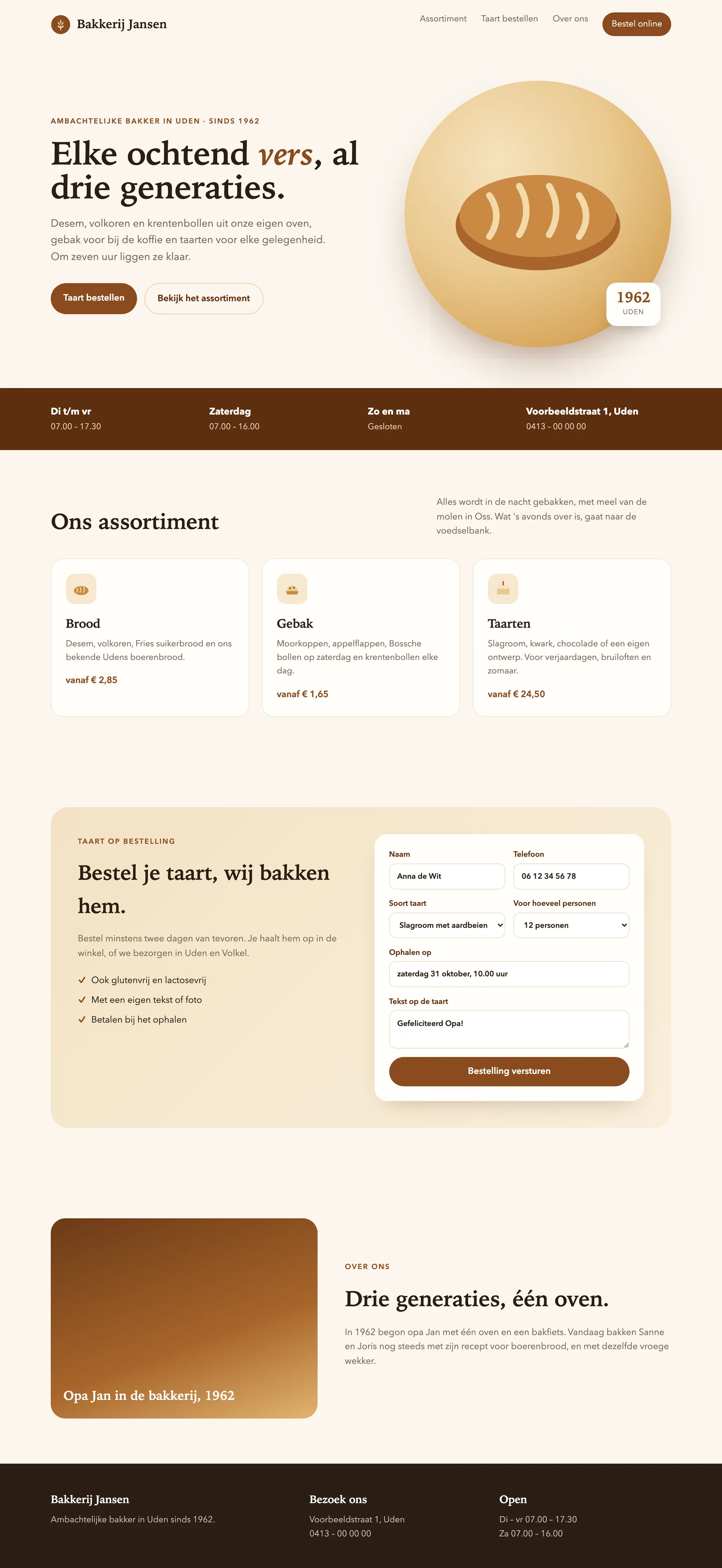 De website die de AI-assistent bouwde voor Bakkerij Jansen, met openingstijden, assortiment en een formulier om taarten te bestellen