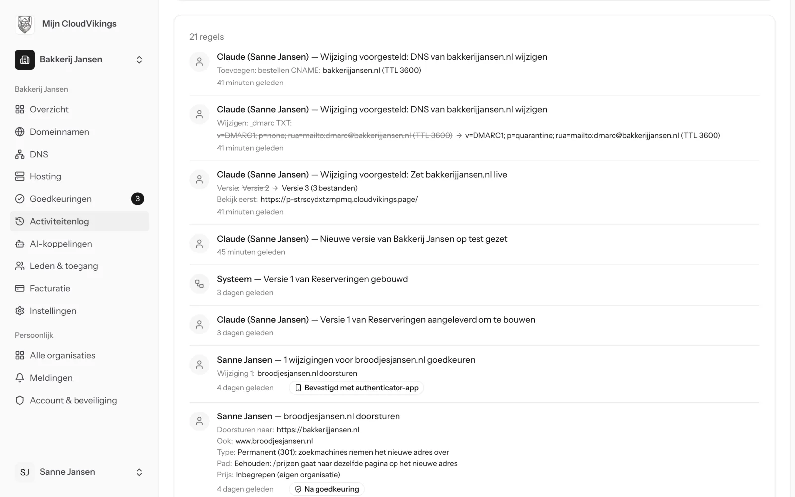 Het activiteitenlog in Mijn CloudVikings met acties van een medewerker en een AI-assistent
