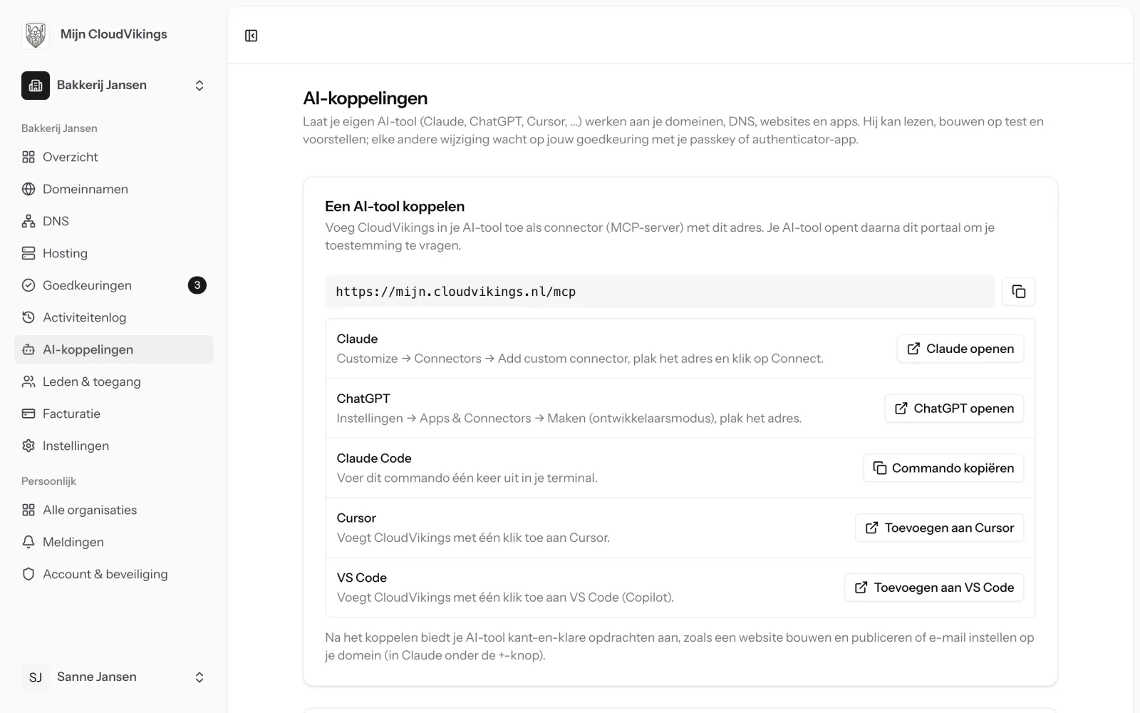 De pagina AI-koppelingen in Mijn CloudVikings met knoppen voor Claude, ChatGPT, Claude Code, Cursor en VS Code
