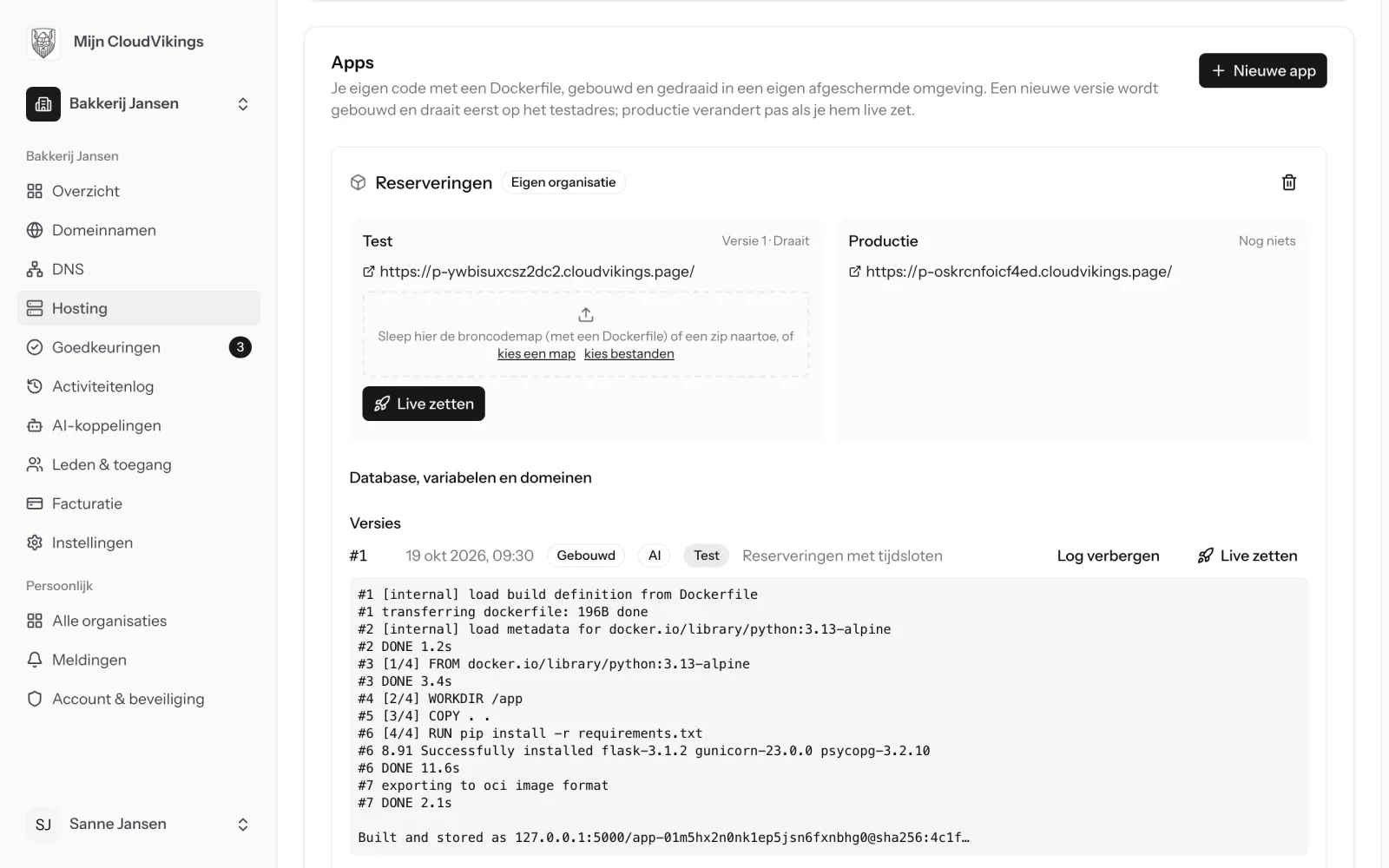 De buildlog van een app in Mijn CloudVikings