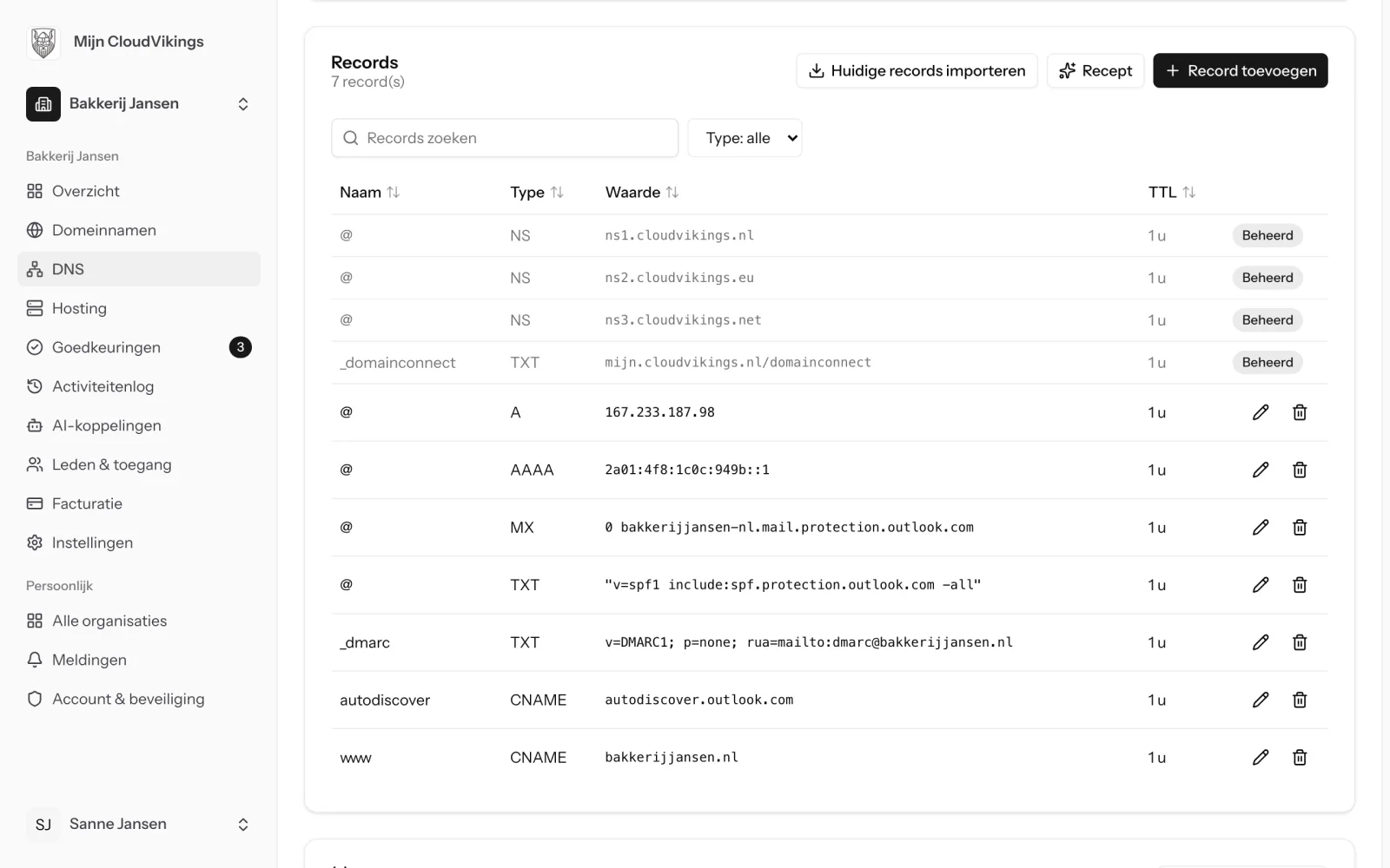 De DNS-records van een domeinnaam in Mijn CloudVikings, met MX, SPF, DMARC en autodiscover voor Microsoft 365