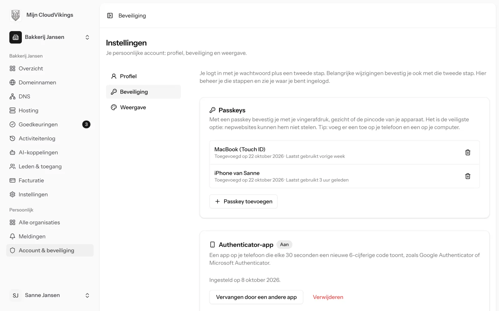 De beveiligingsinstellingen in Mijn CloudVikings met passkeys en authenticator-app